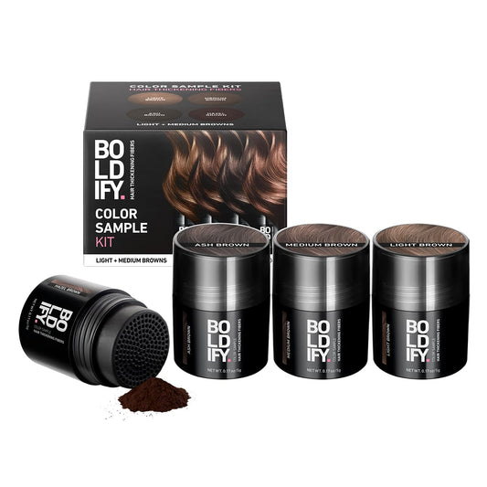 Boldify front packaging sample kit showing 14 shades and branding for easy selection and testing