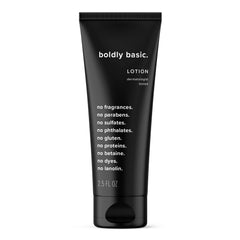 Boldly Basic front packaging showing unscented lotion and travel size benefit