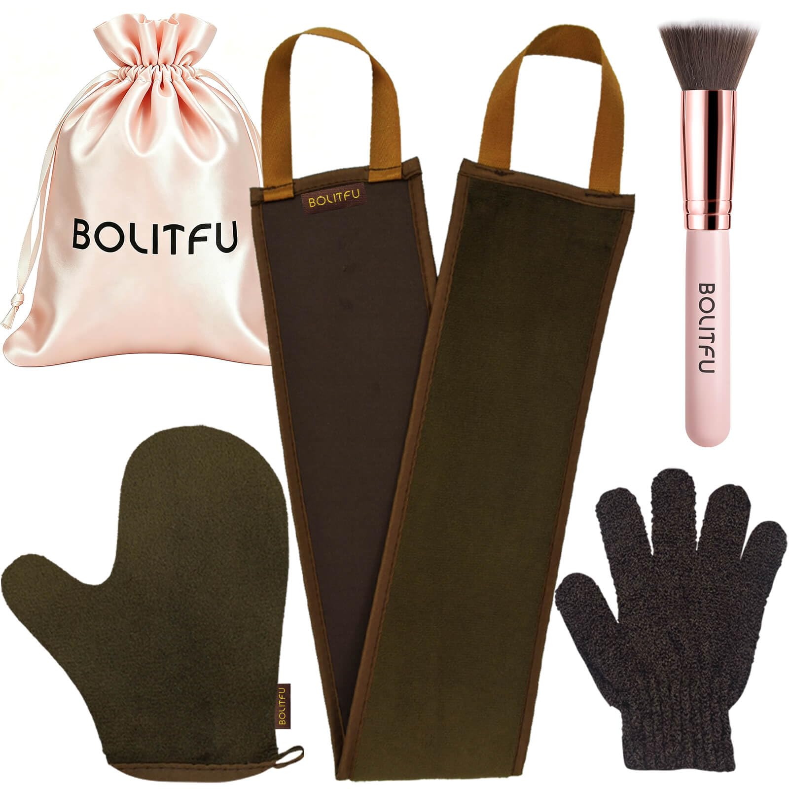 BOLITFU front view mitt kit showing all four tools for flawless tanning