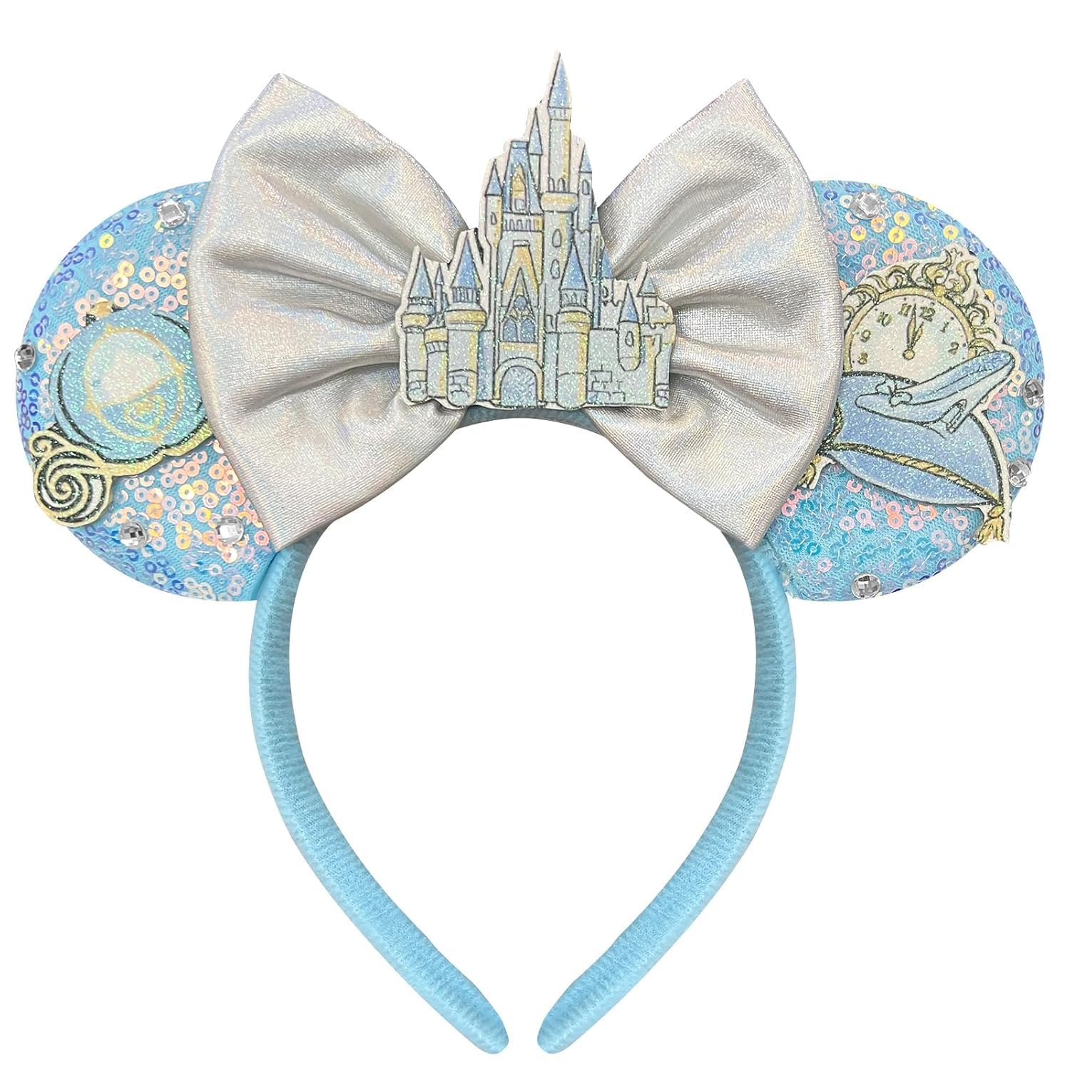 Bolonar blue sequin mouse ears headband front view shows sparkle and comfortable fit