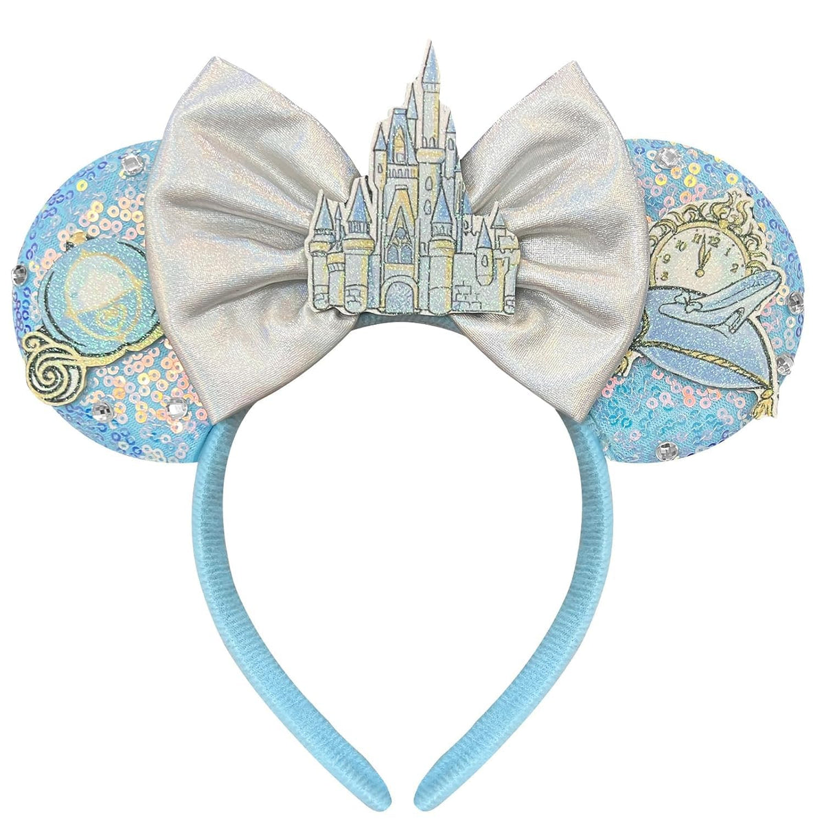 Bolonar blue sequin mouse ears headband front view shows sparkle and comfortable fit