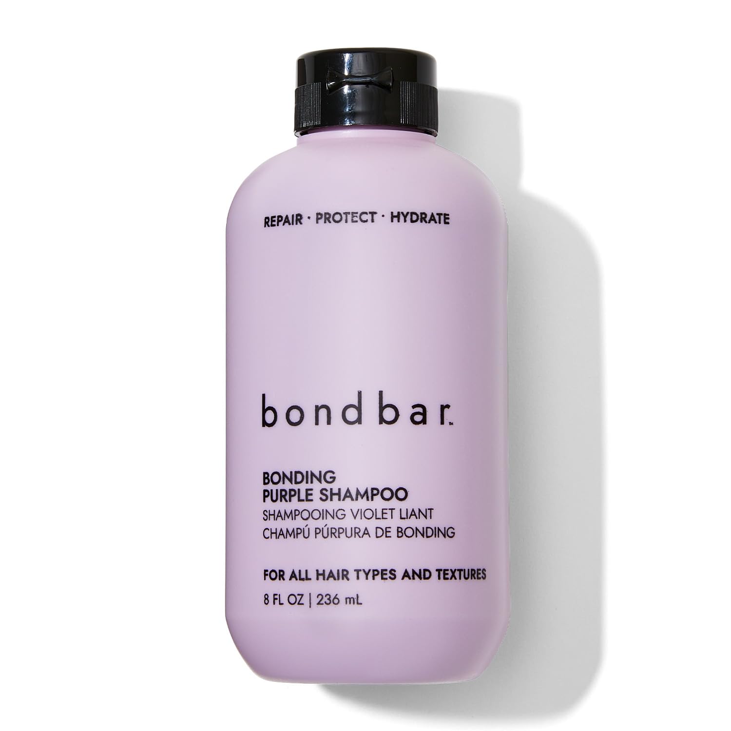 Bondbar front bottle showing purple brightening shampoo and benefits