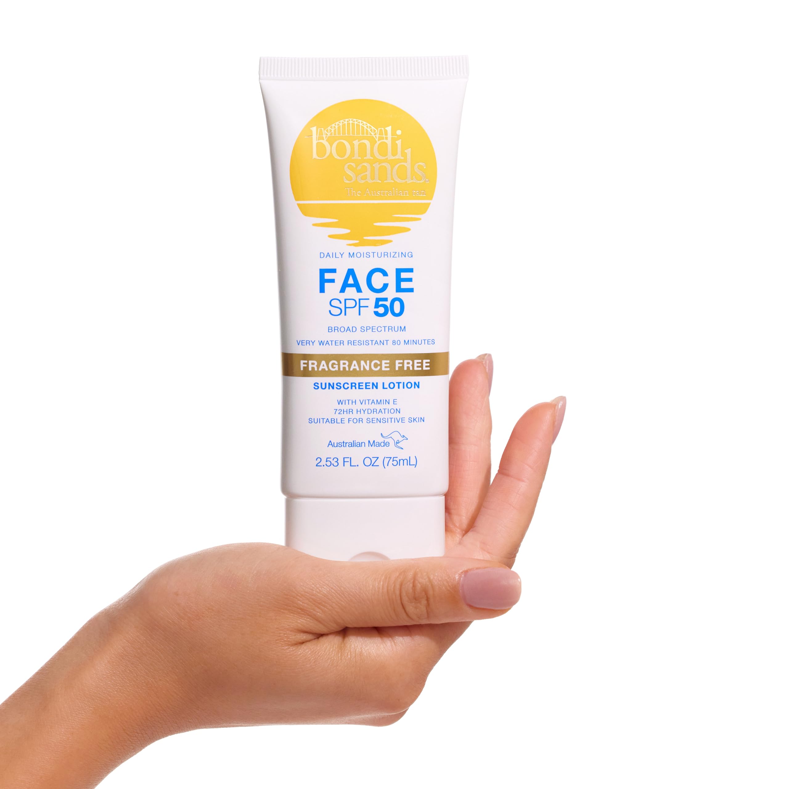 Bondi Sands sunscreen applied to cheek demonstrating invisible, non-greasy protection