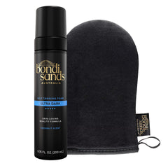 Bondi Sands front packaging showing foam can and mitt for quick application