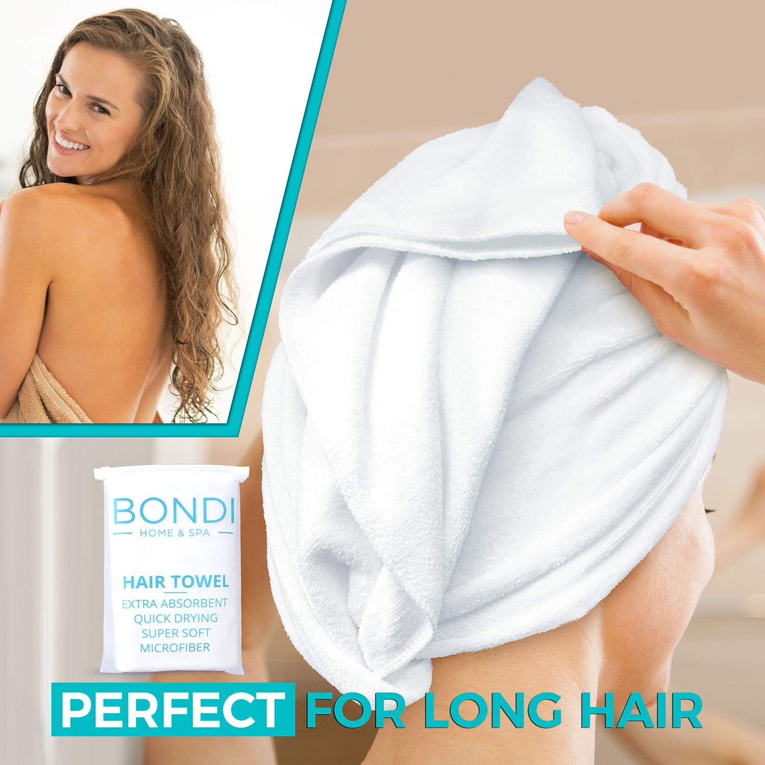 BONDI HOME & SPA towel beside hair dryer showing time-saving drying benefit