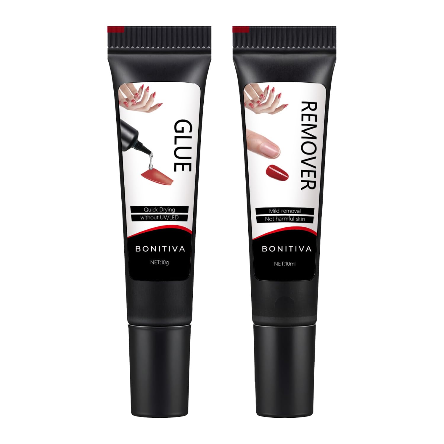 BONITIVA front packaging showing 10g glue and 10ml remover for quick at-home nails