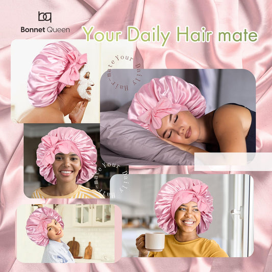 BONNET QUEEN close-up of wide tie band showing stretch and comfort