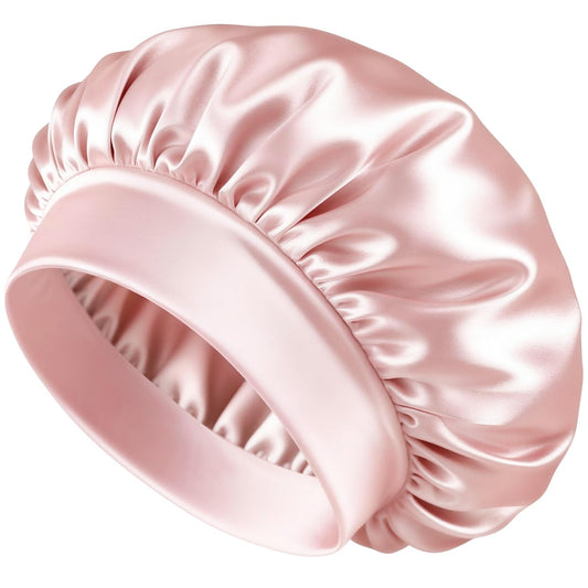 BONNET QUEEN front view of cream pink satin bonnet showing fit and style