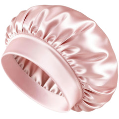 BONNET QUEEN front view of cream pink satin bonnet showing fit and style