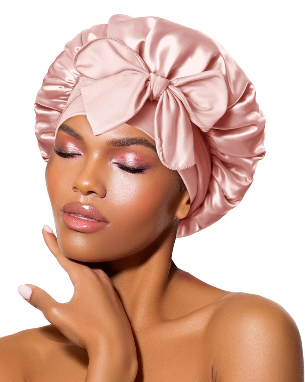 BONNET QUEEN cream-pink bonnet front view shows shape and neat finish protecting hair