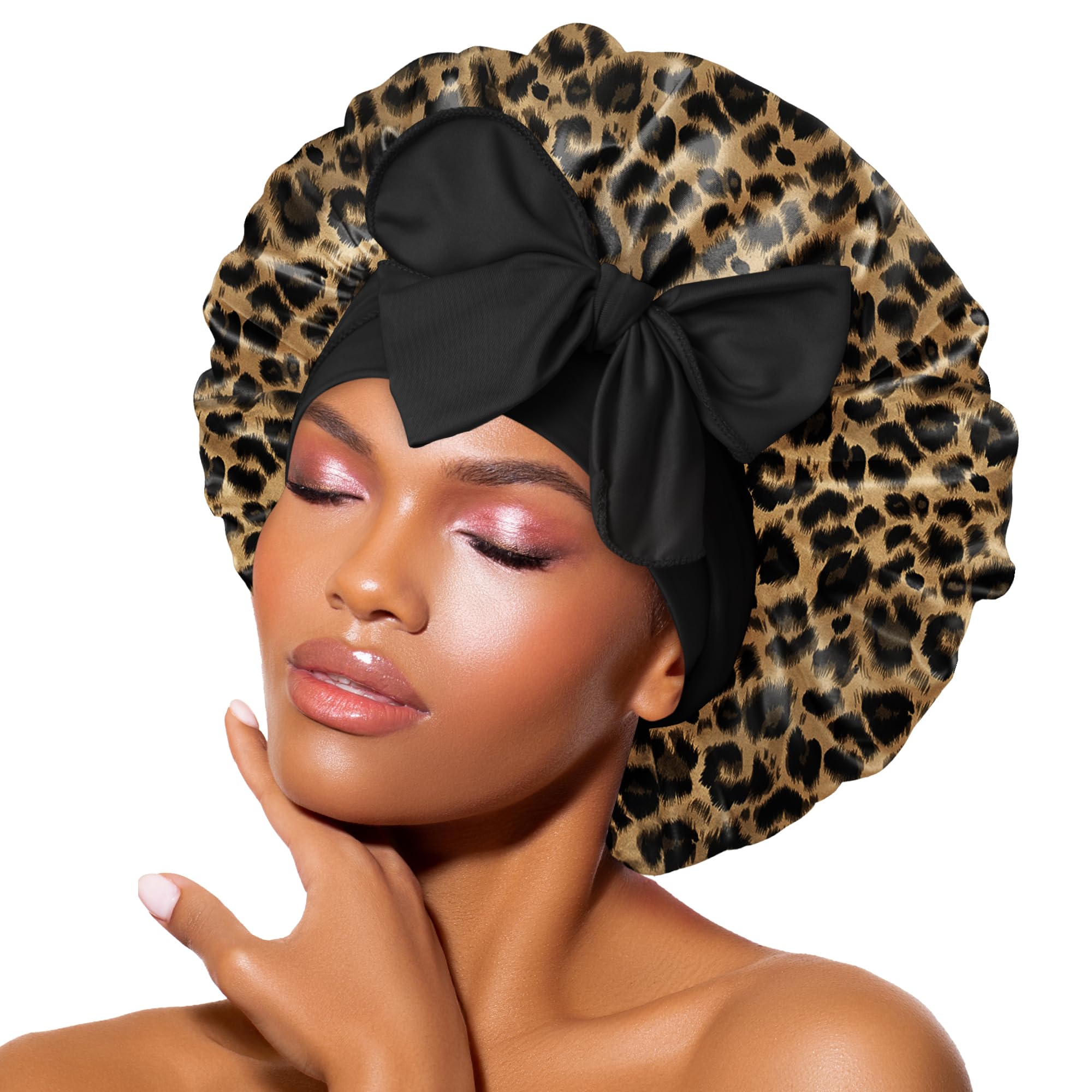 BONNET QUEEN front view showing leopard bonnet and adjustable tie band benefit secure fit