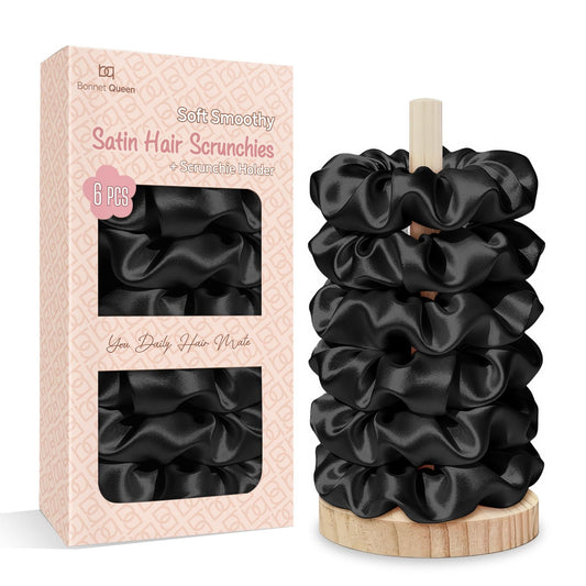 BONNET QUEEN front packaging showing six satin scrunchies and holder, neat gift-ready presentation