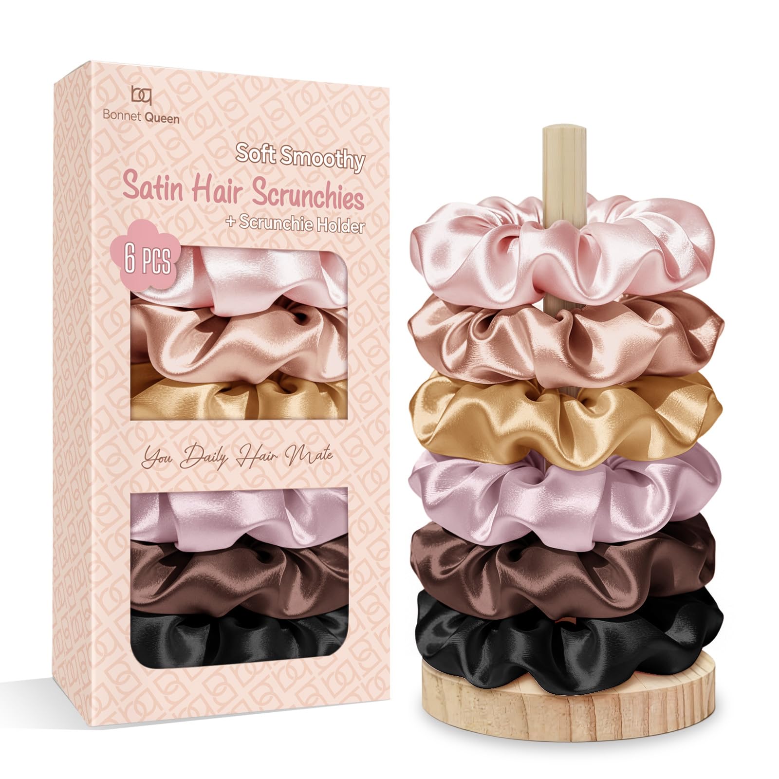 BONNET QUEEN front packaging shows six satin scrunchies and holder, organized and gift-ready