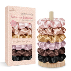 BONNET QUEEN front packaging shows six satin scrunchies and holder, organized and gift-ready