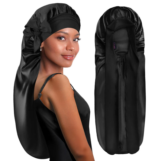 BONNET QUEEN front view showing full black bonnet protecting hair