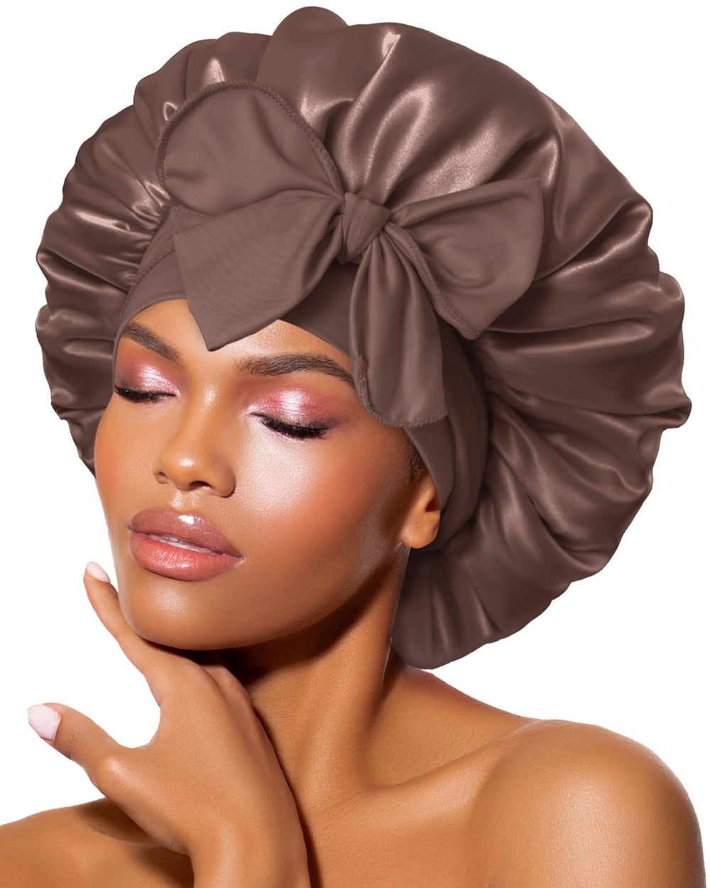 BONNET QUEEN front view chocolate bonnet showing smooth fit and protective coverage
