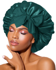 BONNET QUEEN front view showing darkish green bonnet and secure fit benefit