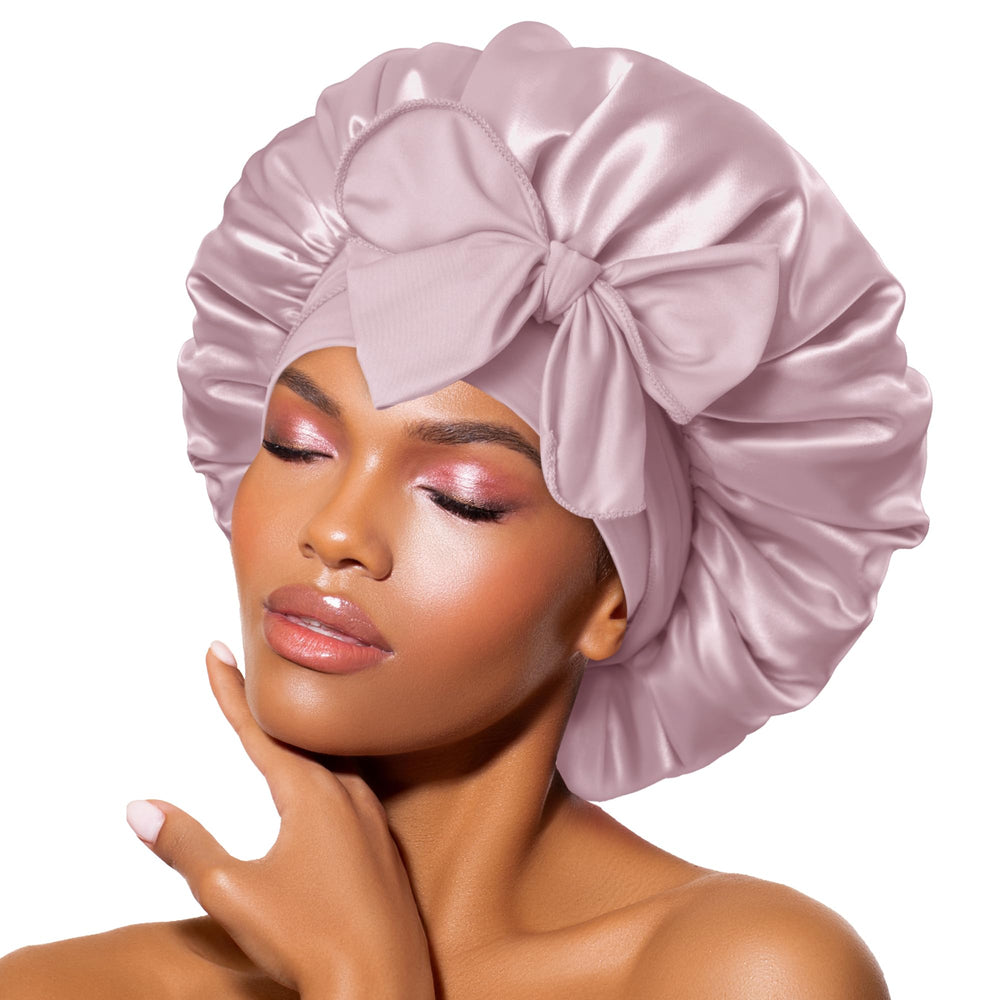 BONNET QUEEN front view of grey rose gold satin bonnet showing elegant finish and secure fit