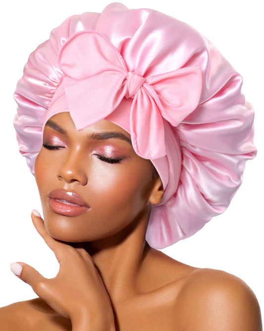 BONNET QUEEN front view pink bonnet shows secure fit and comfort
