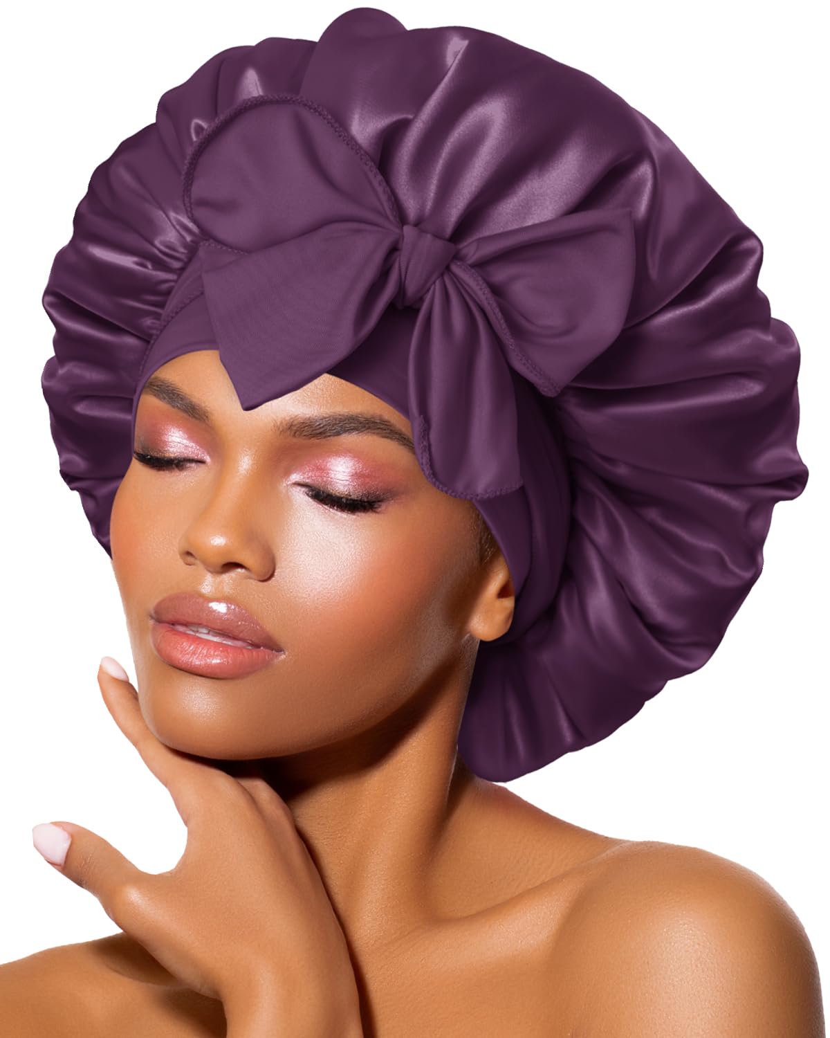 BONNET QUEEN front view of prune satin bonnet showing smooth fit and protection
