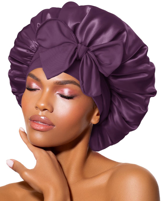 BONNET QUEEN front view of prune satin bonnet showing smooth fit and protection