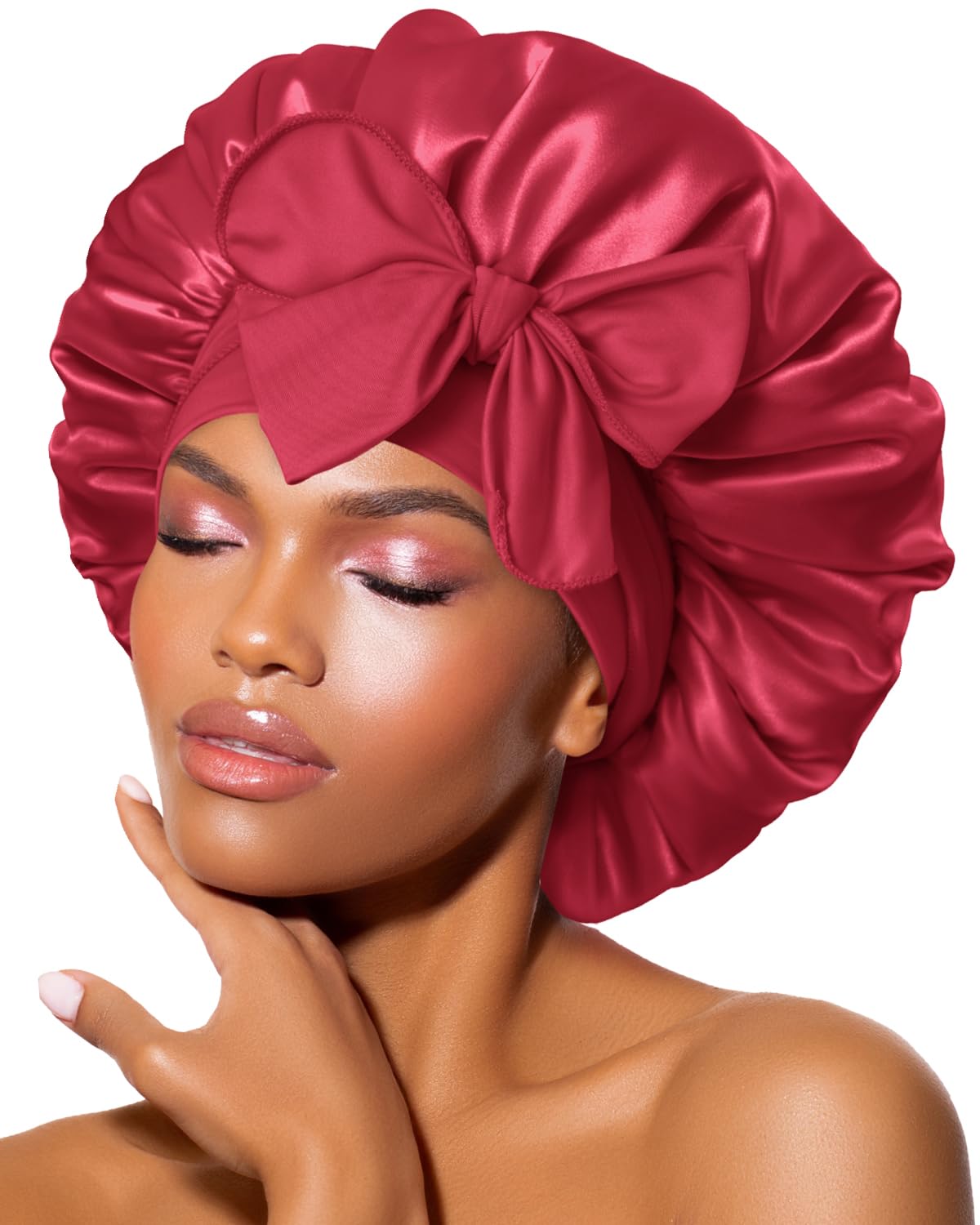 BONNET QUEEN front view red burgundy showing snug sleep fit and style benefit