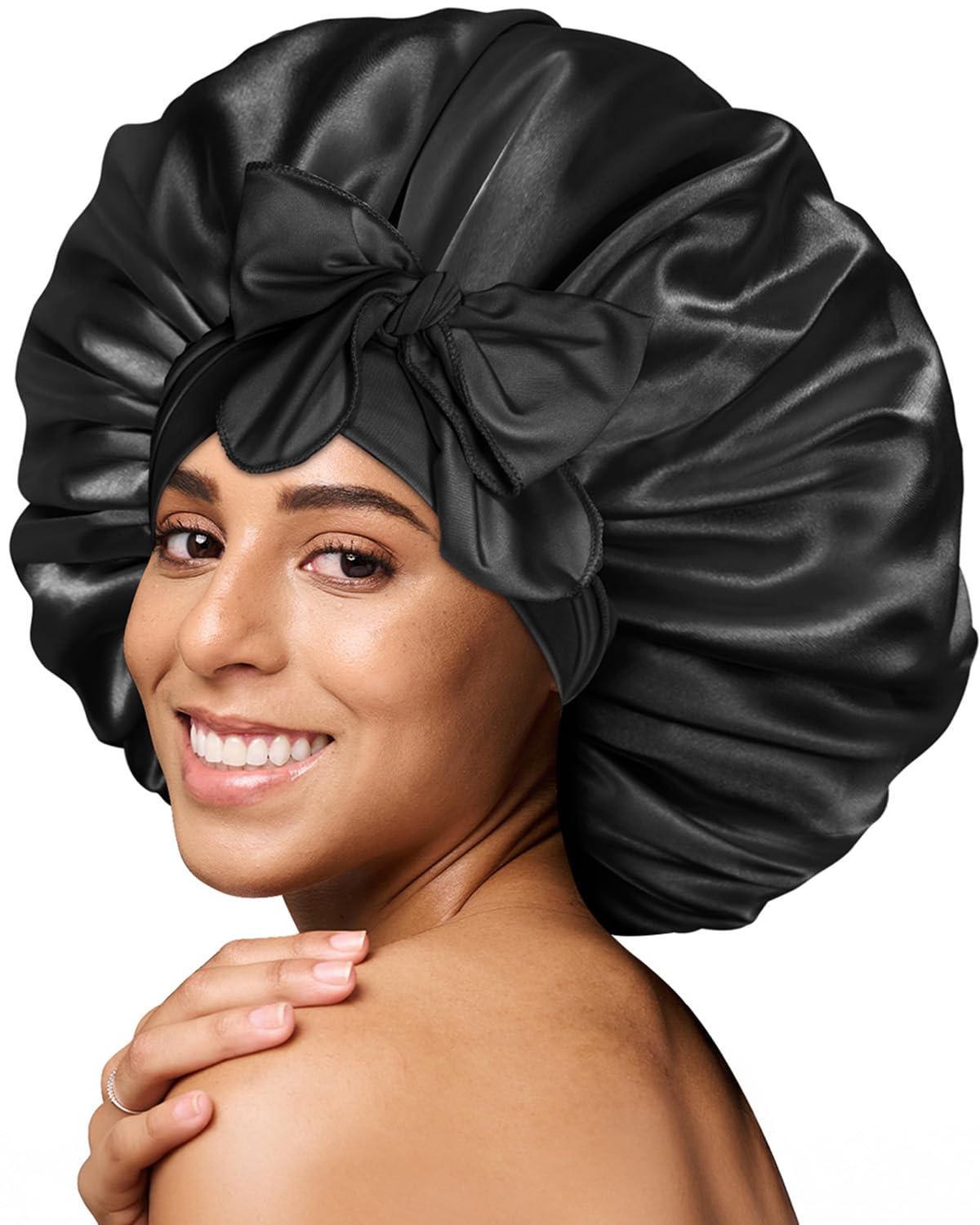 BONNET QUEEN front view showing extra-large fit and sleek black satin, protects hair