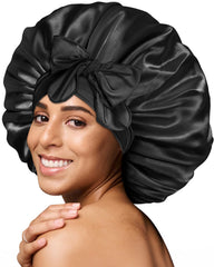 BONNET QUEEN front view showing extra-large fit and sleek black satin, protects hair