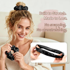 BONNET QUEEN scrunchie worn in a ponytail demonstrating secure hold without creasing