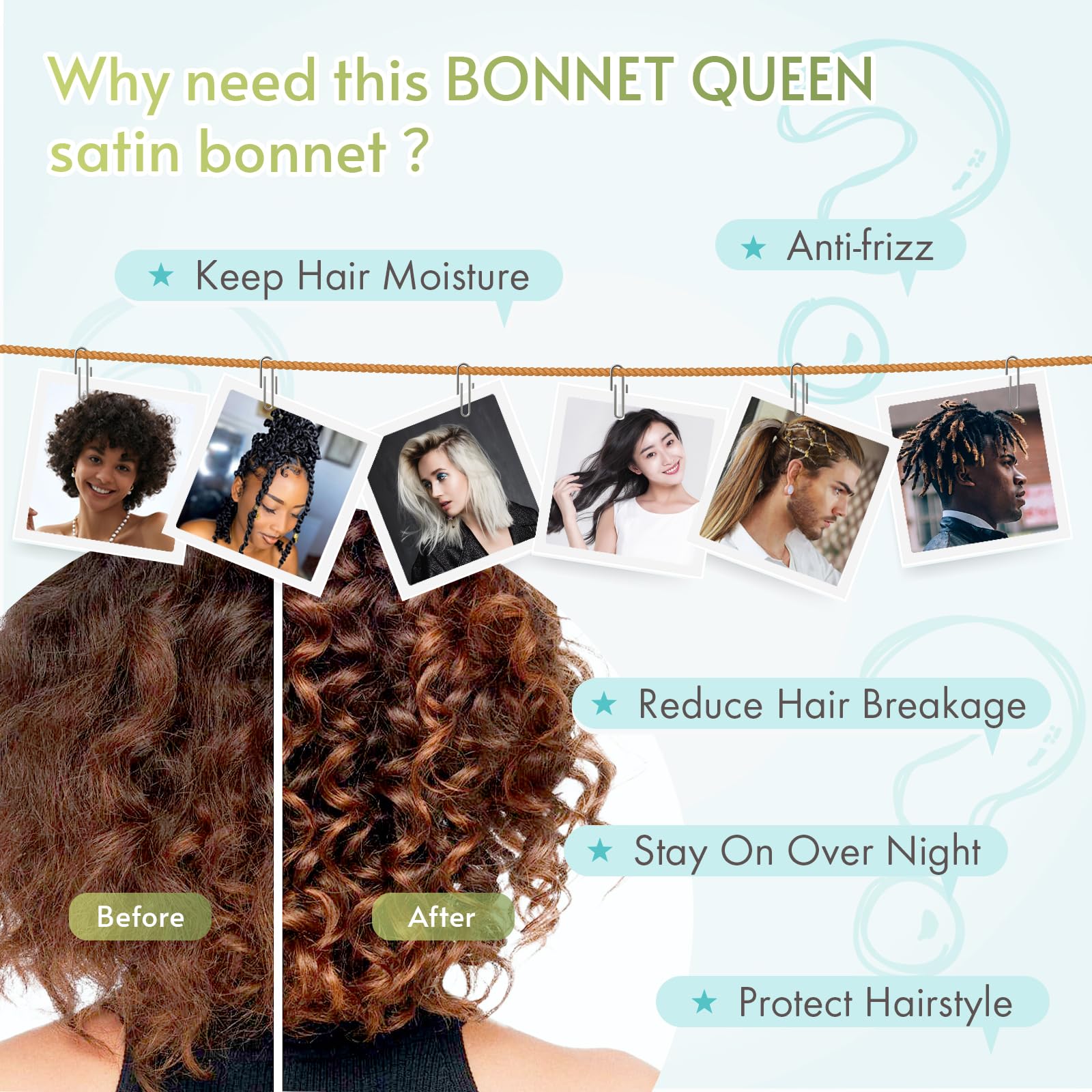 BONNET QUEEN model sleeping wearing bonnet demonstrating overnight protection