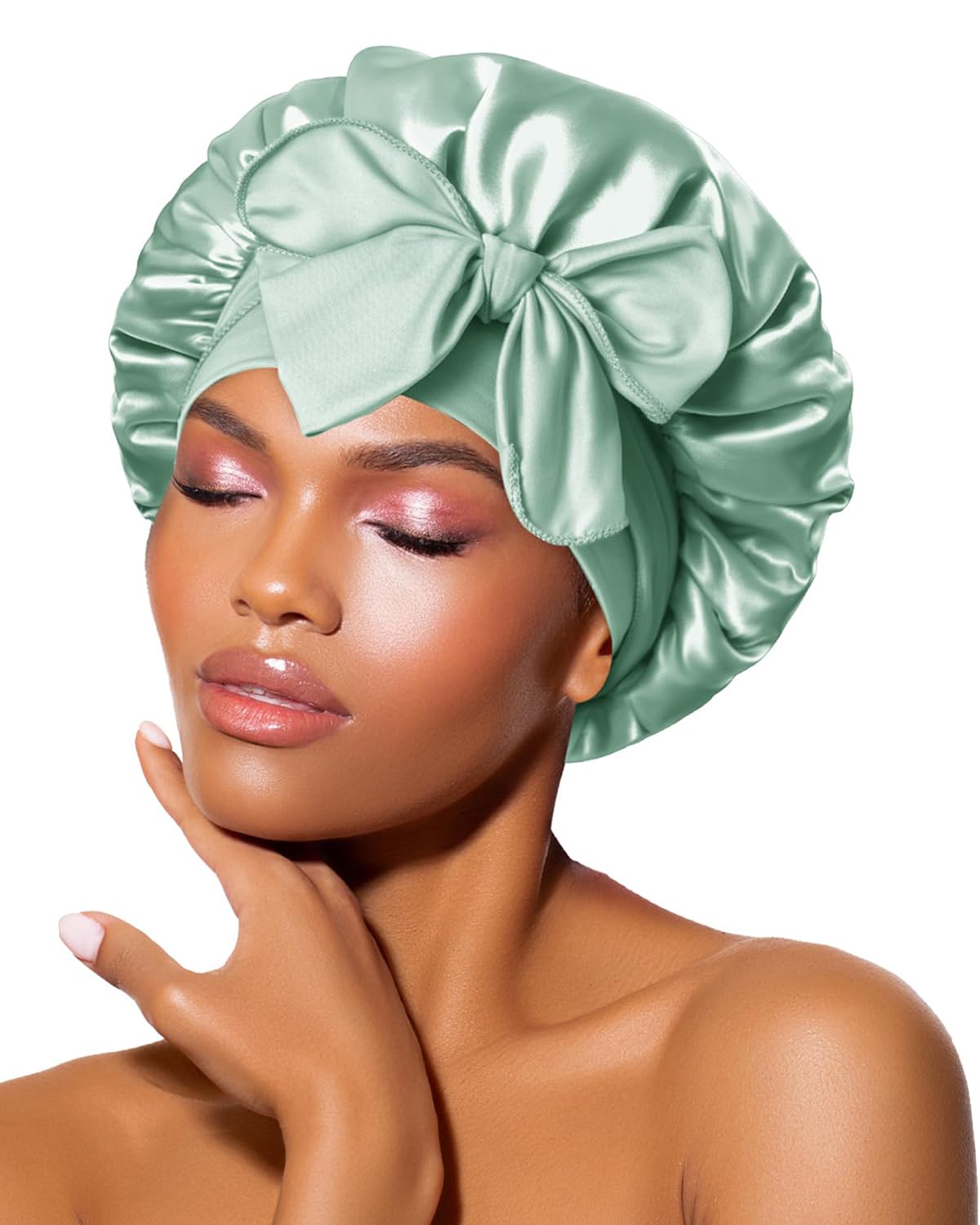 BONNET QUEEN front view showing sage green small satin bonnet and neat fit