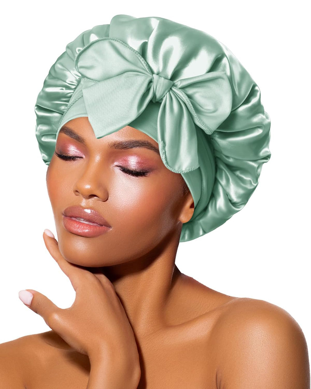 BONNET QUEEN front view showing sage green small satin bonnet and neat fit