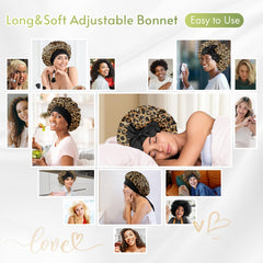 BONNET QUEEN model wearing bonnet in bed showing secure overnight protection benefit