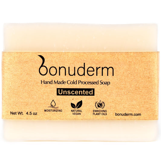 bonuderm front packaging showing unscented bar and clean ingredients benefits
