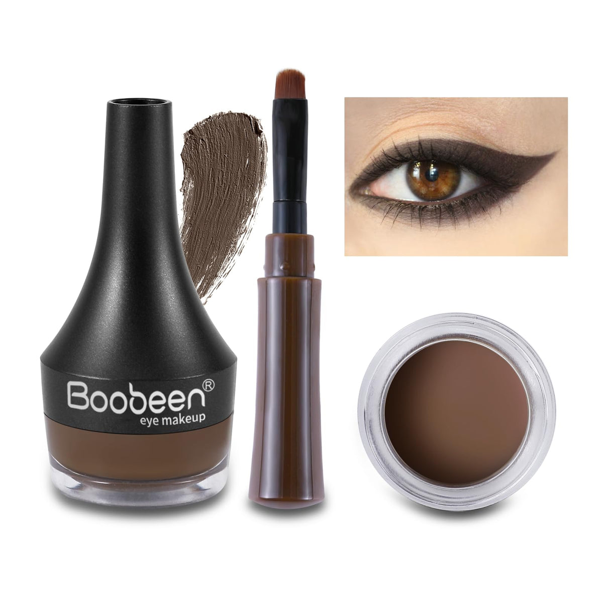 Boobeen gel eyeliner pot front showing label and compact size benefit