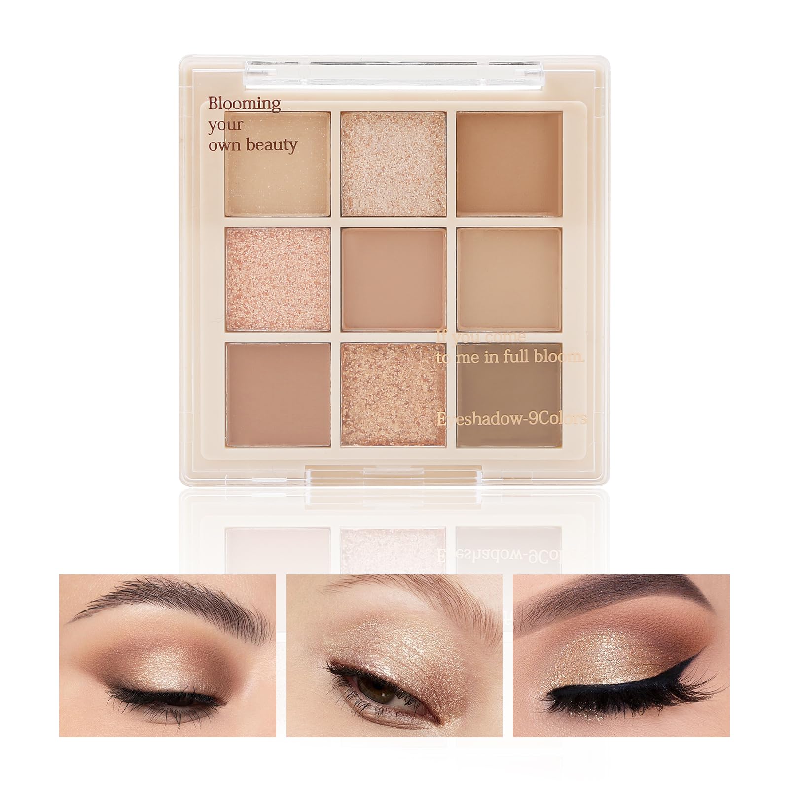 Boobeen palette front open showing nine neutral shades and compact mirror benefits versatility