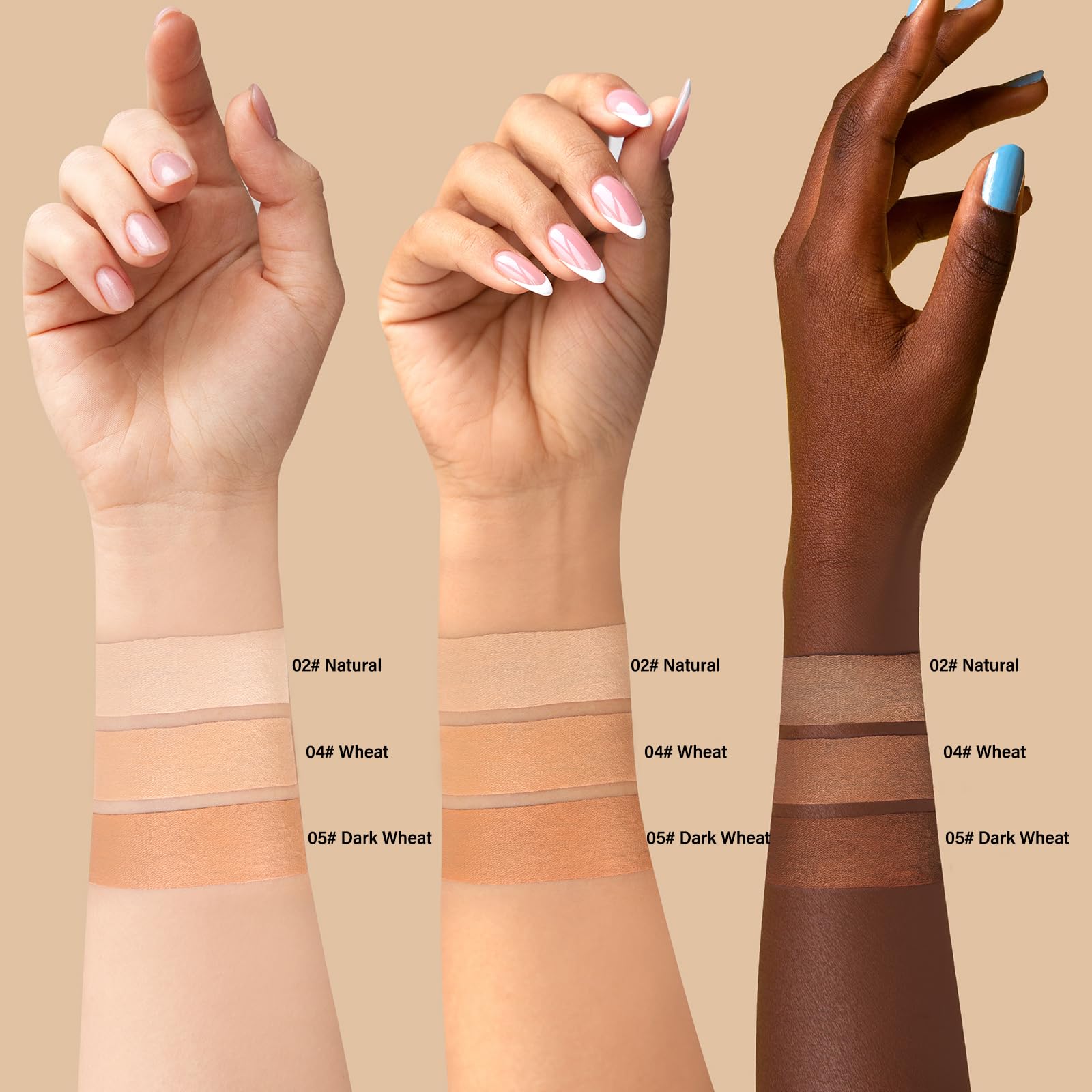 Boobeen shade comparison swatches showing Natural, Wheat and Dark Wheat match options
