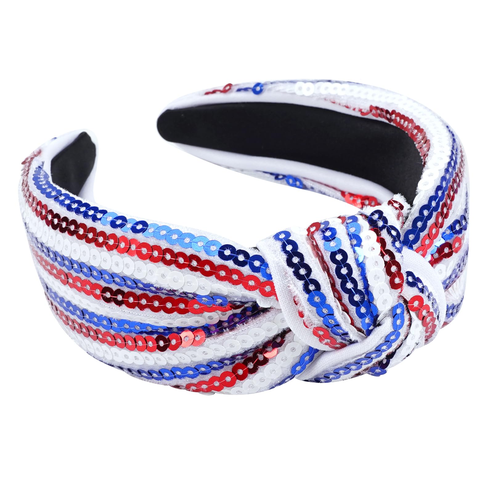 Bookay front view of red white blue sequin headband showing festive look