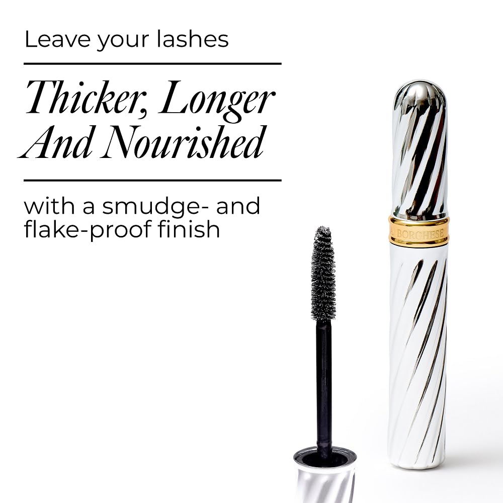 Borghese mascara before and after lashes illustrating added length and volume instantly