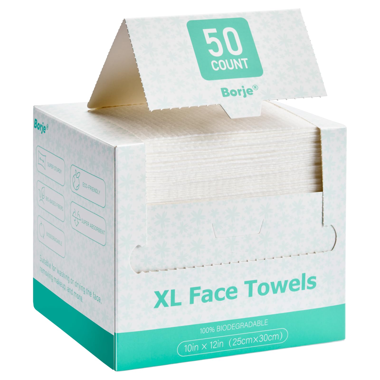 Borje front box showing pack of 50 towels and branding, convenient storage benefit