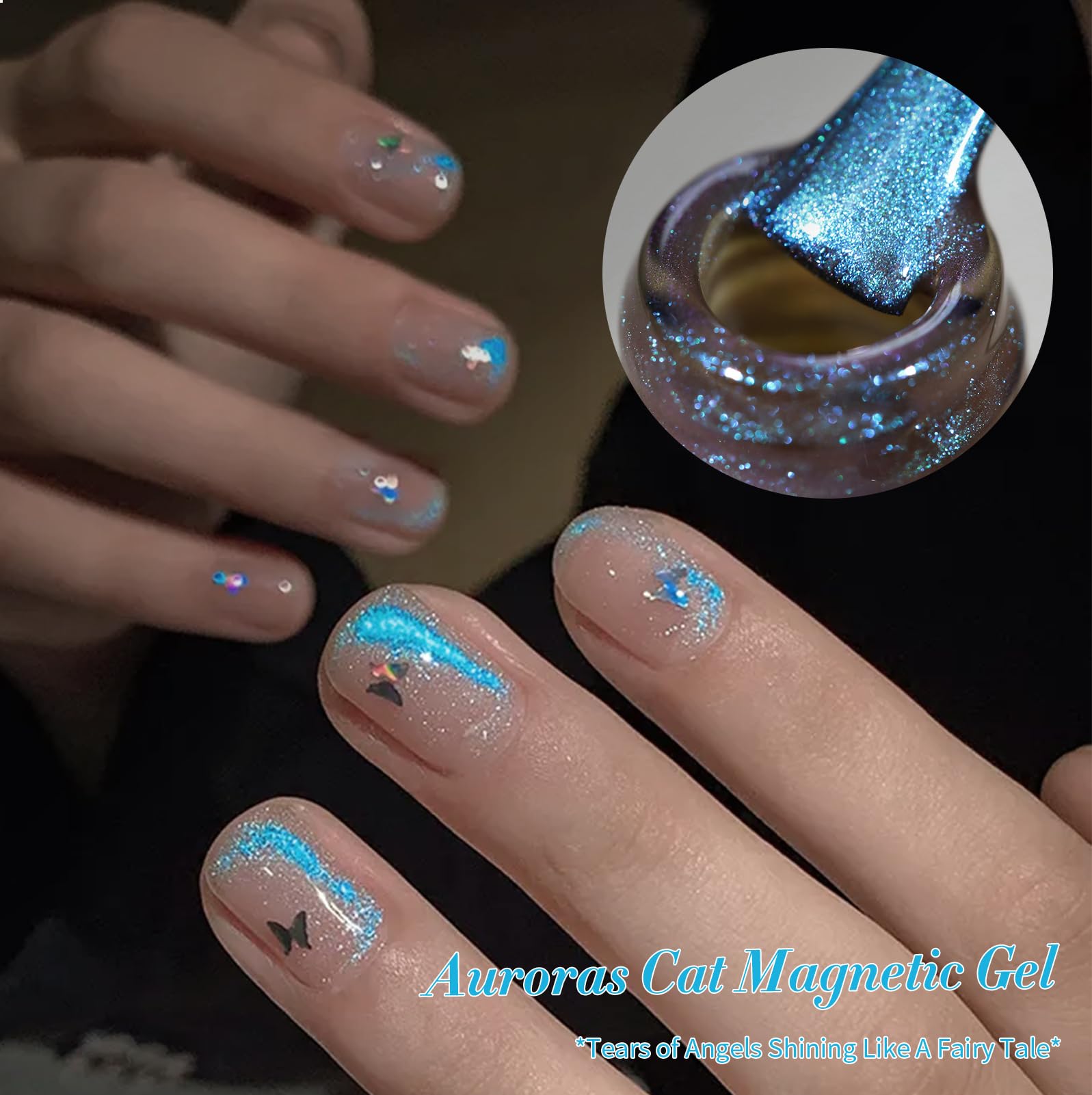 Born Pretty Blue Auroras on acrylic tip showing intense mermaid shimmer