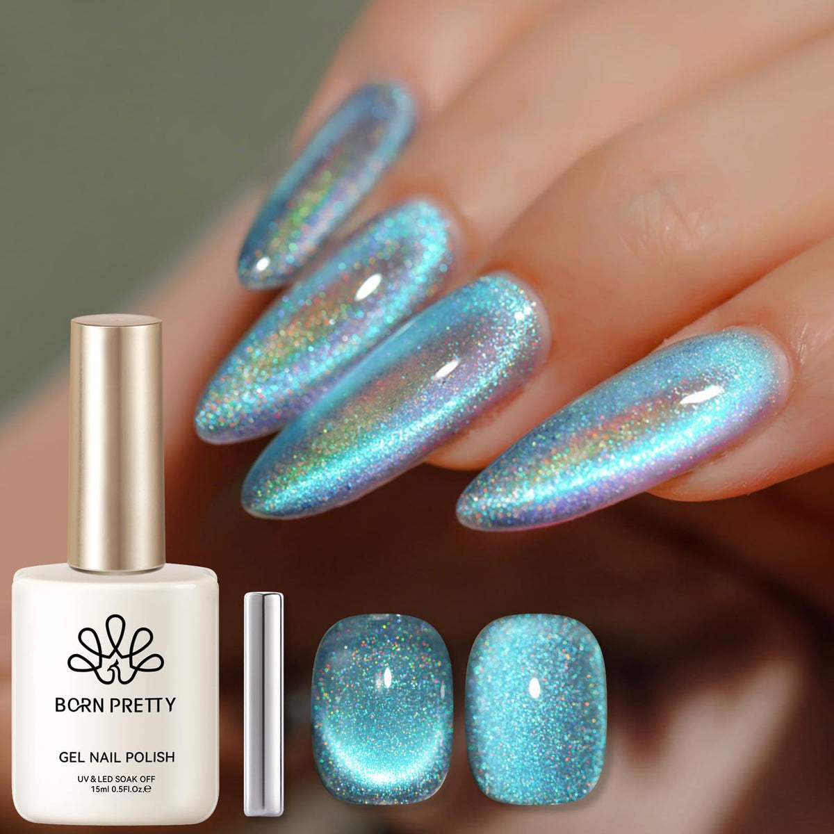 Born Pretty bottle front view showing holographic blue polish and branding benefit