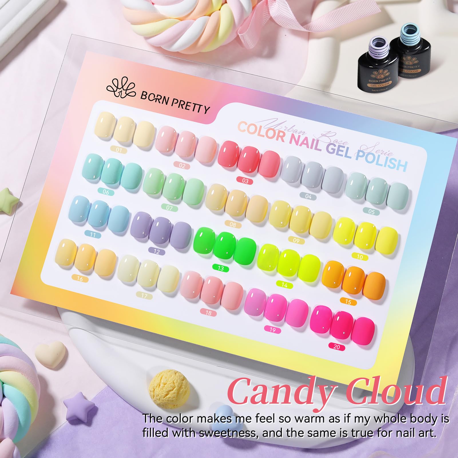 Born Pretty grouped bottles displaying 20 color gels and three treatment bottles for variety