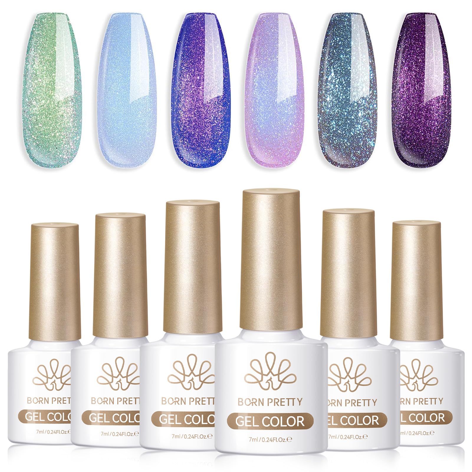 Born Pretty product front packaging showing six chameleon gel bottles and benefits