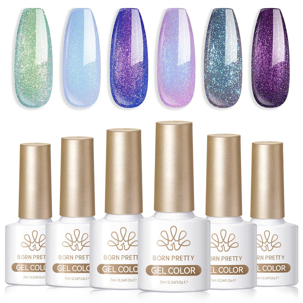 Born Pretty product front packaging showing six chameleon gel bottles and benefits