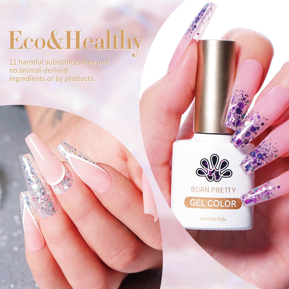 Born Pretty color swatch fan displaying six glitter shades for mix-and-match creativity