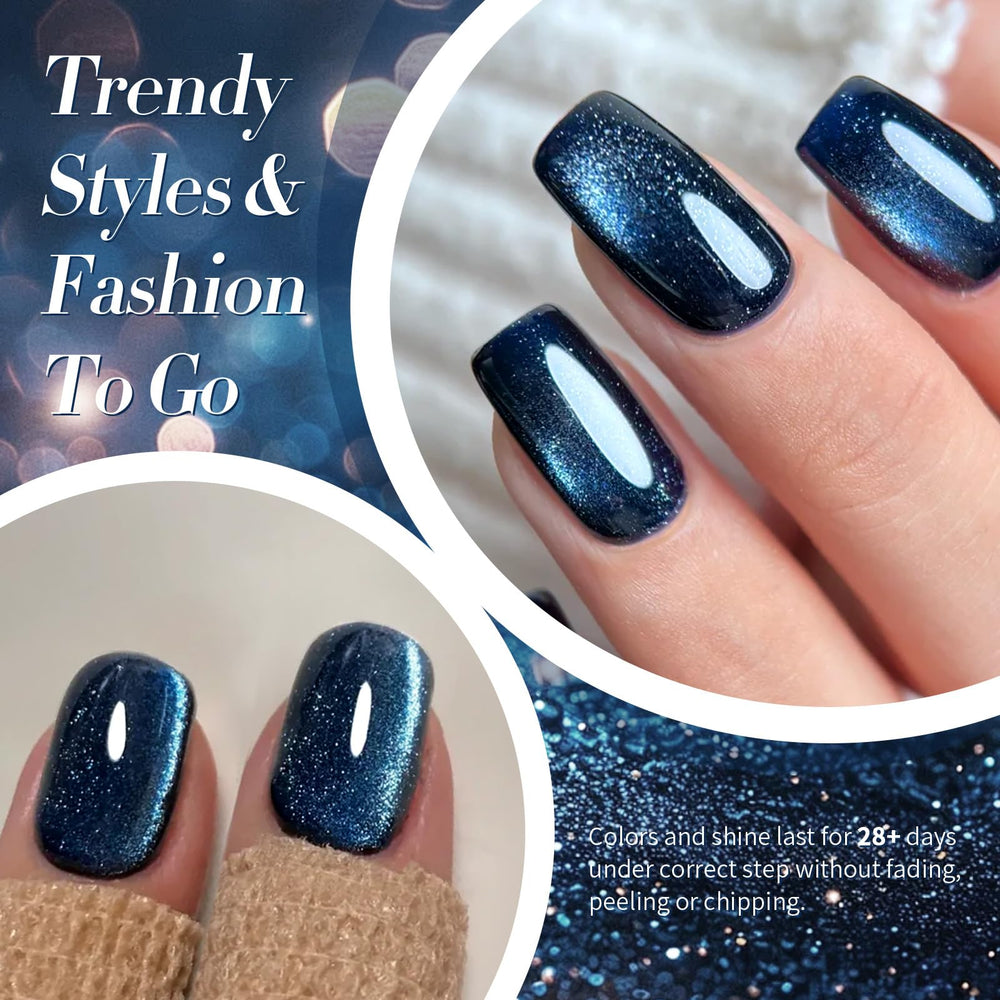 BORN PRETTY swatch on fingers demonstrating dark blue nightscape manicure result