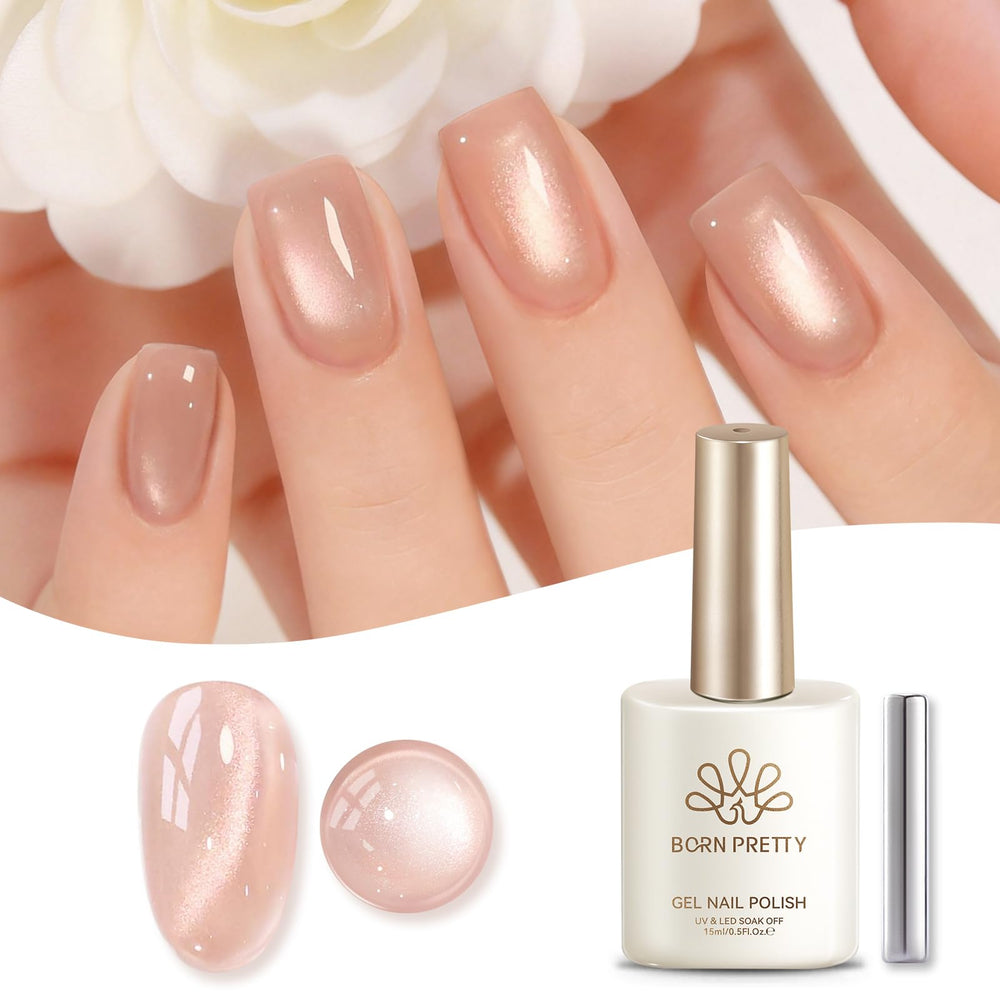 Born Pretty finished manicure on hand showing glossy nude-pink manicure for style inspiration
