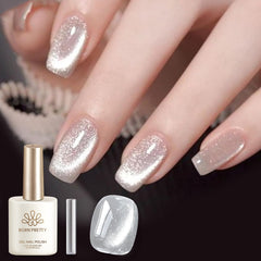 Born Pretty finished manicure on multiple nails showing glassy aurora shine benefit