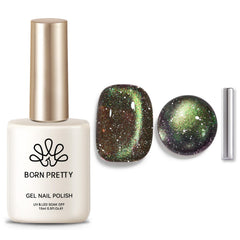 Born Pretty bottle front view showing brown green shimmer polish and label benefit